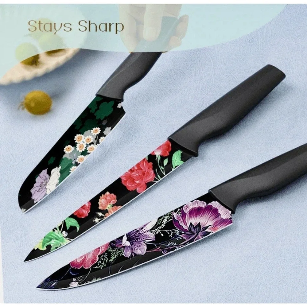 Astercook Knife Set 6 Piece Flower Kitchen Stainless Steel 6 Blade Guards Black